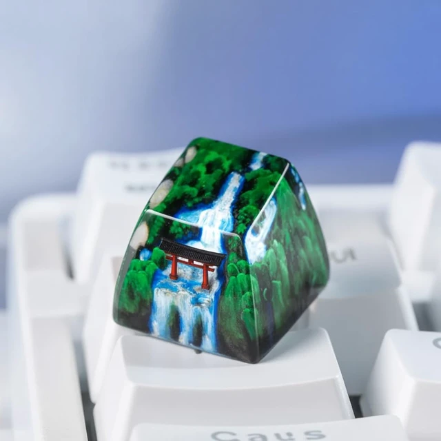Alt view image 3 of 5 - GIKZO Red Torii Gate Japanese Shrine with Summer Waterfall Artisan Keycap, 1U ESC, R1 SA Profile, Custom Handmade Resin Key Cap for Cherry MX Mechanical Keyboard, Gift for Japan Lover