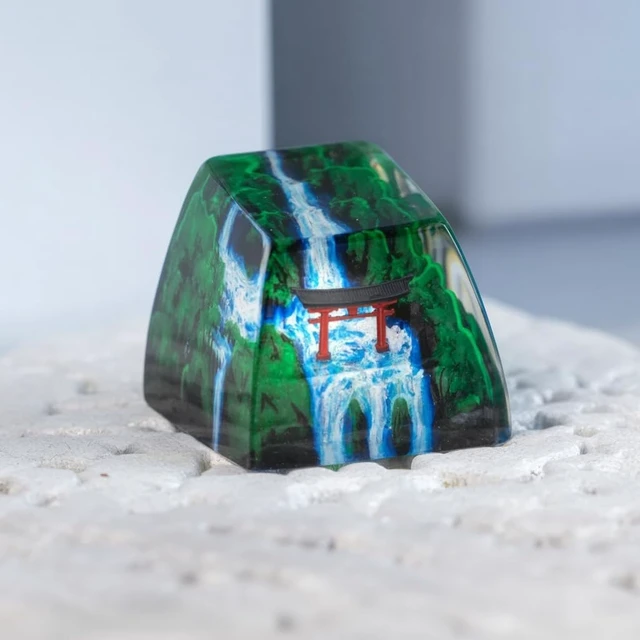 Alt view image 4 of 5 - GIKZO Red Torii Gate Japanese Shrine with Summer Waterfall Artisan Keycap, 1U ESC, R1 SA Profile, Custom Handmade Resin Key Cap for Cherry MX Mechanical Keyboard, Gift for Japan Lover