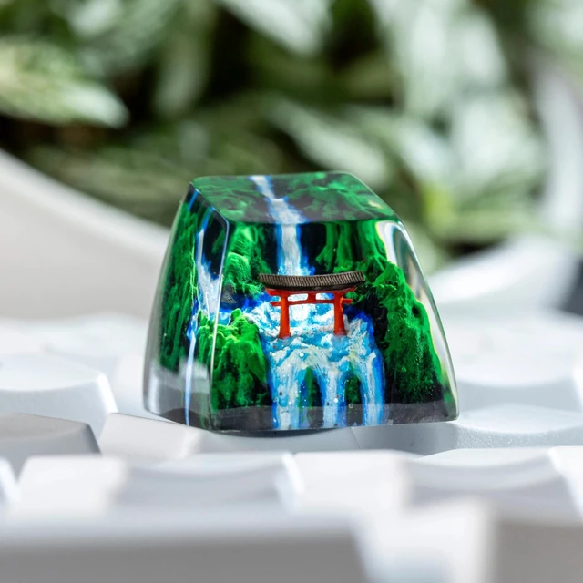 Alt view image 2 of 5 - GIKZO Red Torii Gate Japanese Shrine with Summer Waterfall Artisan Keycap, 1U ESC, R1 SA Profile, Custom Handmade Resin Key Cap for Cherry MX Mechanical Keyboard, Gift for Japan Lover