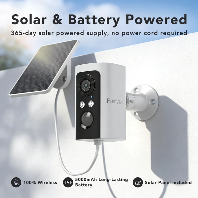 Alt view image 2 of 5 - FAMVIVA 2K Security Cameras Wireless Outdoor with Solar Panels, Battery Powered Cameras for Home Security, Color Night Vision, AI Motion Detection, Spotlight & Siren Alarm, 2.4GHz, WaterproofWh