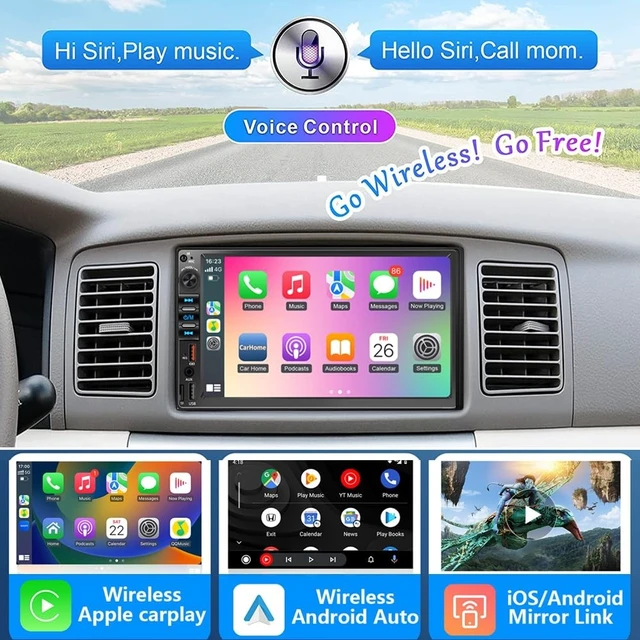 Alt view image 2 of 5 - 7 Inch Double Din Car Stereo for Wireless Carplay & Android Auto, Car Audio with 1024 * 600 HD Touch Screen Mirror Link, Bluetooth5.2,2USB/AUX/TF,AM/FM Radio