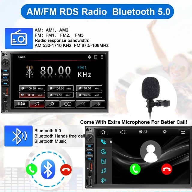 Alt view image 5 of 5 - 7 Inch Double Din Car Stereo for Wireless Carplay & Android Auto, Car Audio with 1024 * 600 HD Touch Screen Mirror Link, Bluetooth5.2,2USB/AUX/TF,AM/FM Radio
