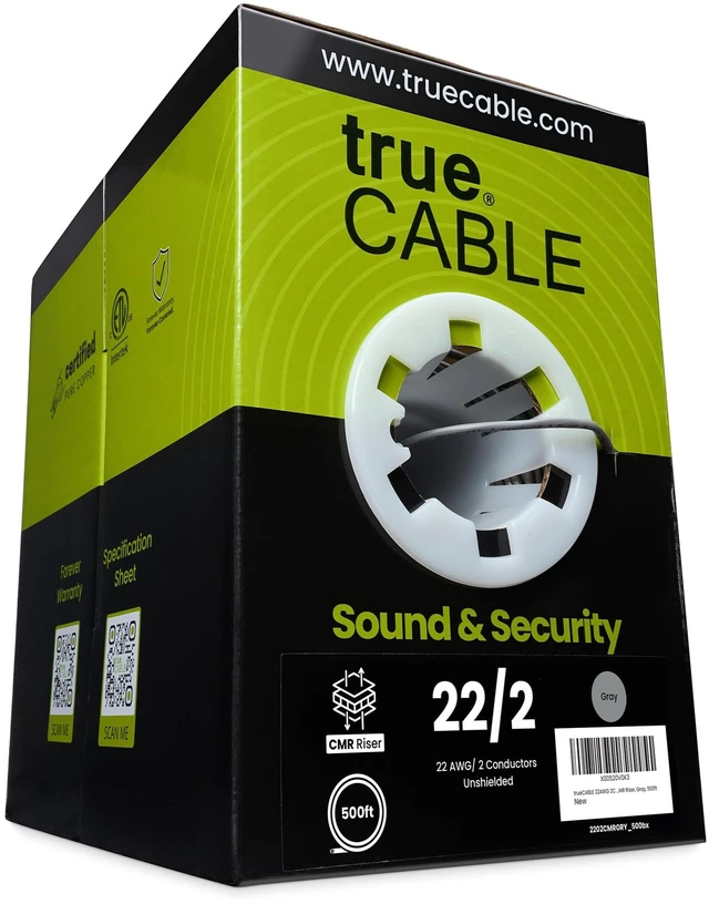 Main image of TRUE CABLE 22/2 AWG Sound & Security Speaker Wire, Unshielded Stranded Pure Copper Bulk Cable, CMR/CL3R Riser in-Wall, UL13 300V, Gray, 500ft