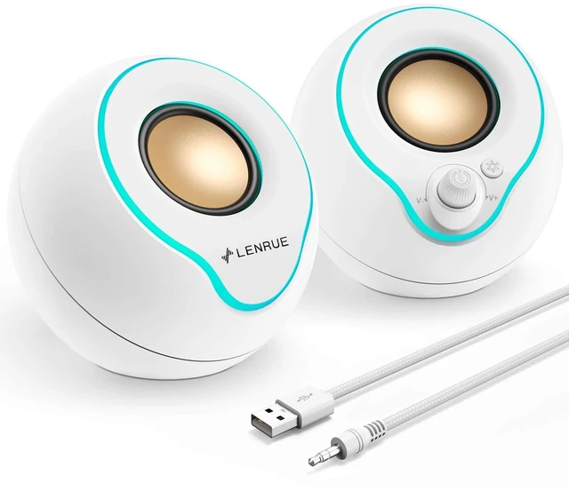 Main image of LENRUE Computer Speakers, PC Speakers with Colorful Lights Button, Volume Knob, 45 Tilt, Loud Sound, AUX and USB Powered for PC Desktop Monitor Laptop