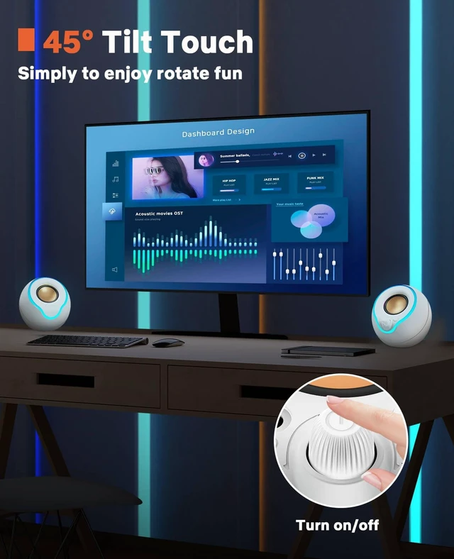 Alt view image 3 of 5 - LENRUE Computer Speakers, PC Speakers with Colorful Lights Button, Volume Knob, 45 Tilt, Loud Sound, AUX and USB Powered for PC Desktop Monitor Laptop