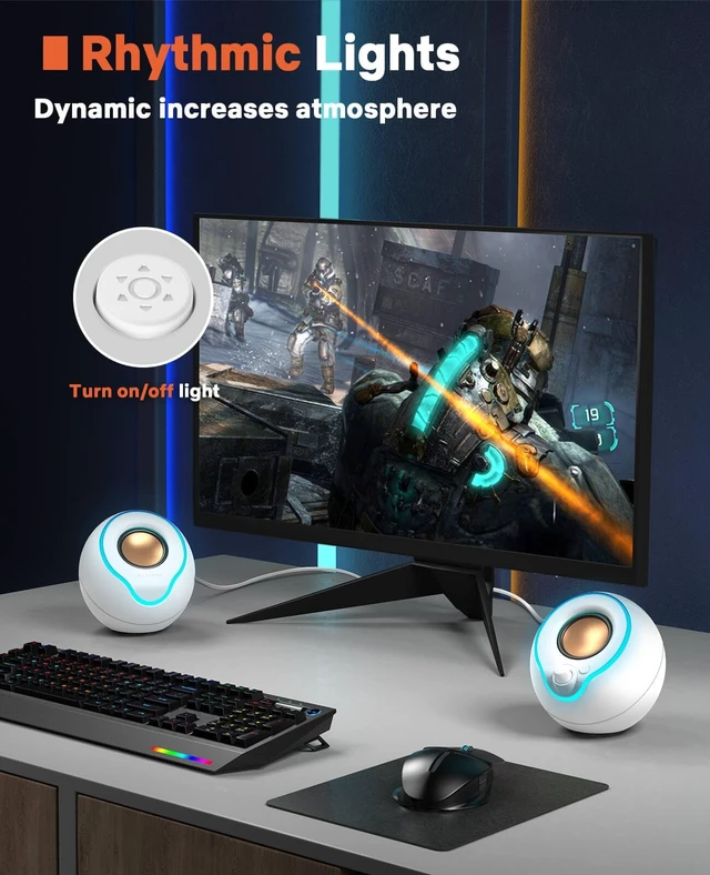 Alt view image 4 of 5 - LENRUE Computer Speakers, PC Speakers with Colorful Lights Button, Volume Knob, 45 Tilt, Loud Sound, AUX and USB Powered for PC Desktop Monitor Laptop