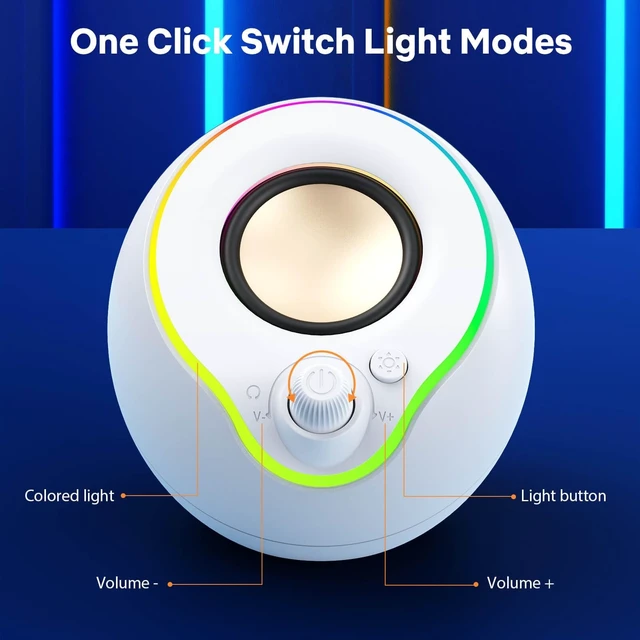 Alt view image 5 of 5 - LENRUE Computer Speakers, PC Speakers with Colorful Lights Button, Volume Knob, 45 Tilt, Loud Sound, AUX and USB Powered for PC Desktop Monitor Laptop