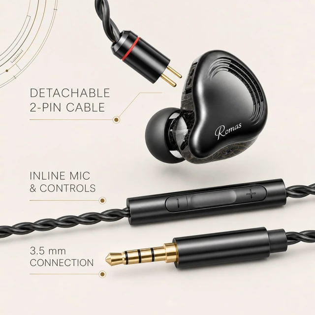 Alt view image 3 of 5 - Rosmas SM10 Pro USB C Wired IEM Earbuds with Mic, Detachable 2-Pin Cable, 4BA+1DD Hybrid in-Ear Headphones, Secure Over-Ear Fit for Phone, Tablet and PC,Black