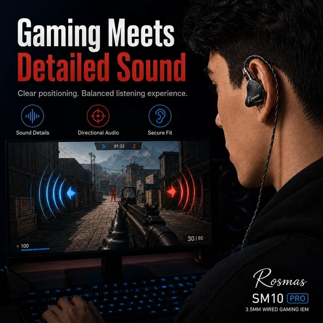 Alt view image 4 of 5 - Rosmas SM10 Pro USB C Wired IEM Earbuds with Mic, Detachable 2-Pin Cable, 4BA+1DD Hybrid in-Ear Headphones, Secure Over-Ear Fit for Phone, Tablet and PC,Black