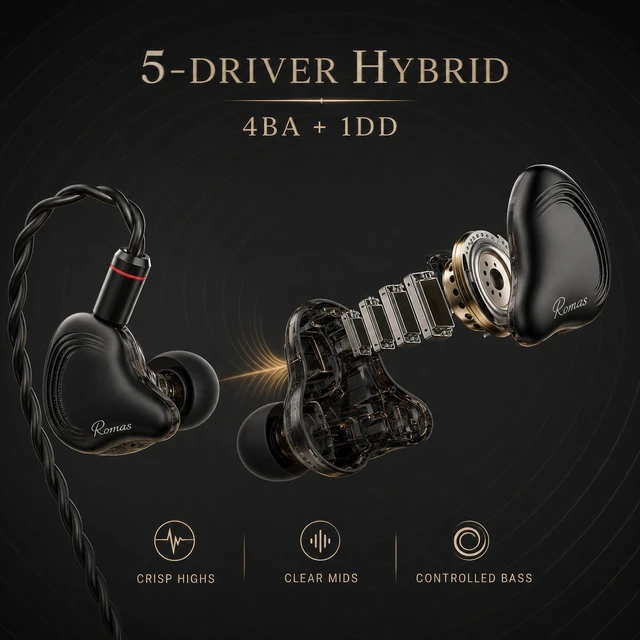 Alt view image 5 of 5 - Rosmas SM10 Pro USB C Wired IEM Earbuds with Mic, Detachable 2-Pin Cable, 4BA+1DD Hybrid in-Ear Headphones, Secure Over-Ear Fit for Phone, Tablet and PC,Black