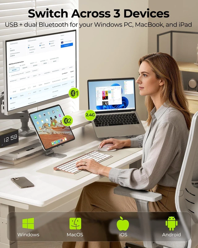 Alt view image 2 of 5 - seenda COE401 Bluetooth Keyboard and Mouse Combo, 3-Device, White Rose Gold