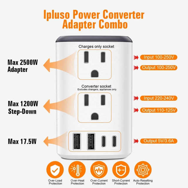 Alt view image 3 of 5 - Travel Adapter Worldwide,Voltage Converter Us to Europe, 220v to 110v Power Adapter, European Plug Power Converter 1300w, Transformer for Curly Hair Dryer.