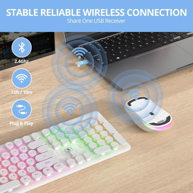 Alt view image 2 of 5 - White Wireless Keyboard and Mouse, Typewriter Rechargeable Backlit Cute Keyboard with Round Keycaps, Soft Typing, Sleep Mode, 2.4GHz Full Size Wireless Quiet Key Board for Computer, Lapt