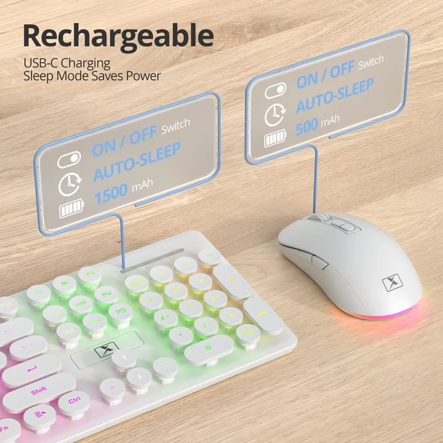 Alt view image 3 of 5 - White Wireless Keyboard and Mouse, Typewriter Rechargeable Backlit Cute Keyboard with Round Keycaps, Soft Typing, Sleep Mode, 2.4GHz Full Size Wireless Quiet Key Board for Computer, Lapt