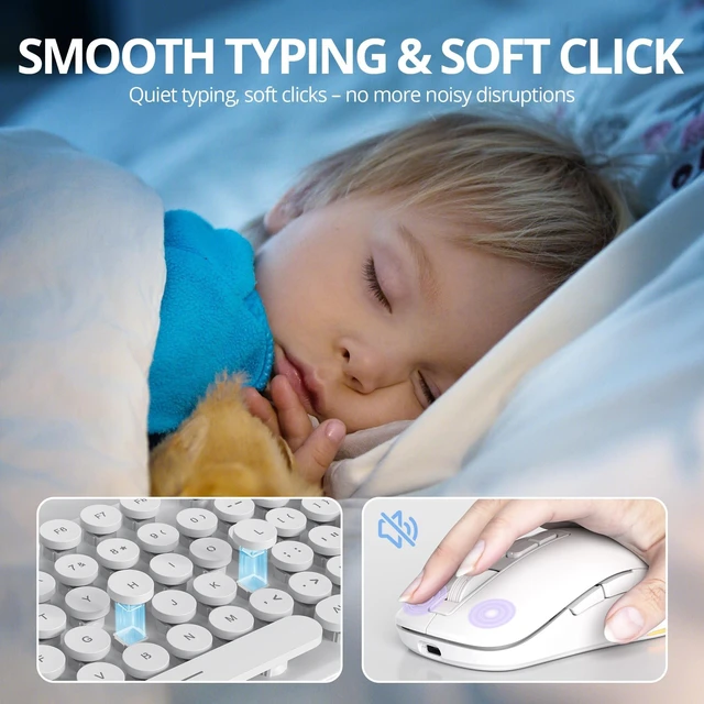Alt view image 5 of 5 - White Wireless Keyboard and Mouse, Typewriter Rechargeable Backlit Cute Keyboard with Round Keycaps, Soft Typing, Sleep Mode, 2.4GHz Full Size Wireless Quiet Key Board for Computer, Lapt