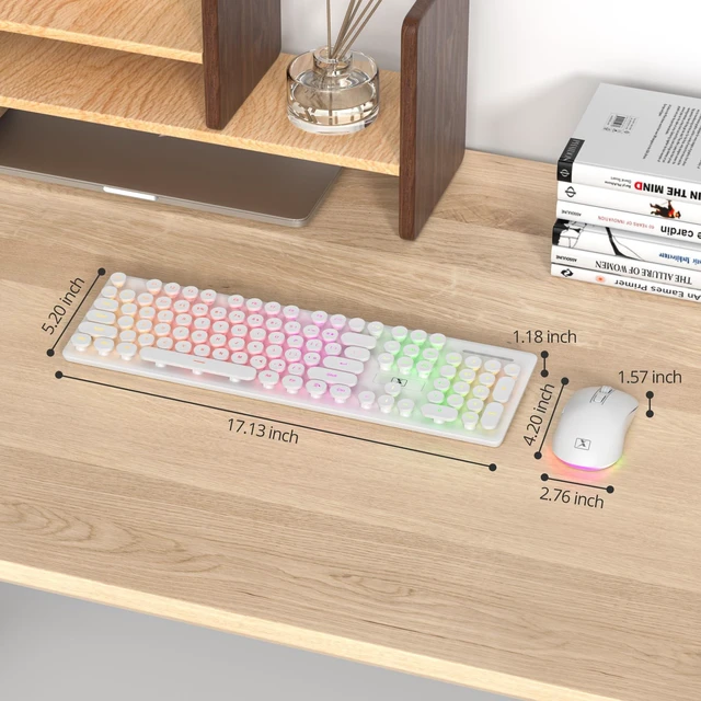 Alt view image 4 of 5 - White Wireless Keyboard and Mouse, Typewriter Rechargeable Backlit Cute Keyboard with Round Keycaps, Soft Typing, Sleep Mode, 2.4GHz Full Size Wireless Quiet Key Board for Computer, Lapt