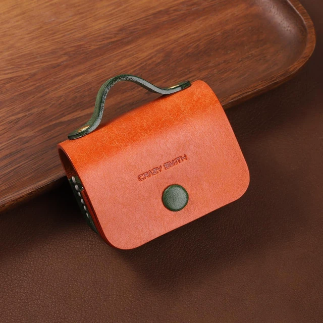Alt view image 2 of 5 - Handmade Cowhide Headphone case Suitable for AirPods Pro 3 Leather Case, Full Grain Leather, Minimalist Design, with Lanyard Compatible (Orange+Green)