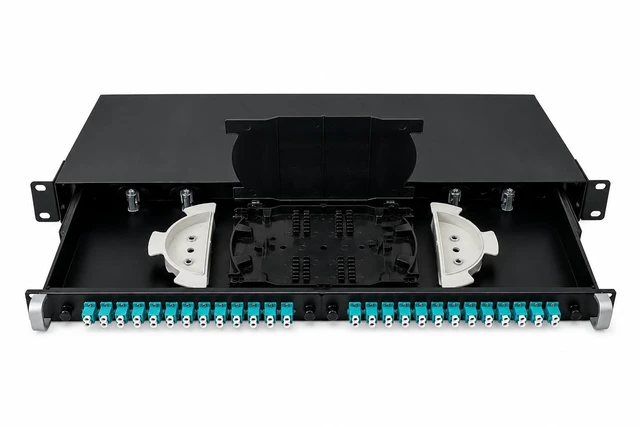 Main image of 48 Strand 1U Fiber Optic Cable Rack Mount Enclosure with 24 LC Duplex Couplers for 19" Racks or Cabinets ^^ Includes Splice Tray and Fusion Splice Sleeves 60mm Long. (LC OM3)