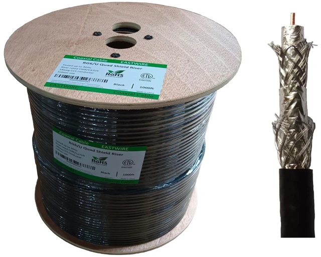 Main image of ETL Riser rated coaxial cable RG6 Quad shield CCS conductor 1000ft Black