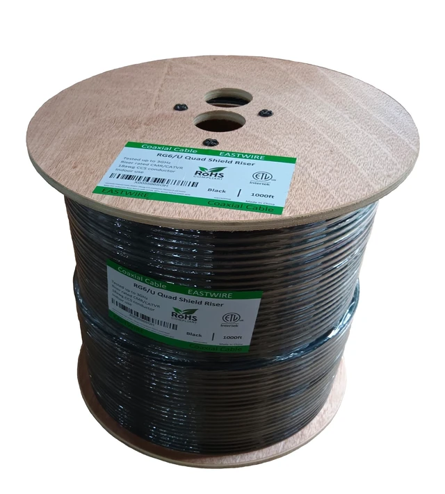 Alt view image 3 of 5 - ETL Riser rated coaxial cable RG6 Quad shield CCS conductor 1000ft Black