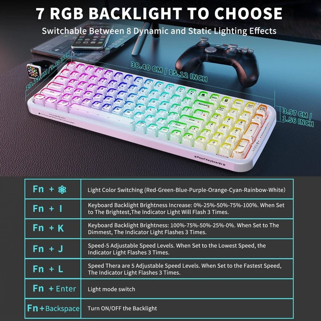 Alt view image 4 of 5 - Wireless Clear Jelly Keyboard with Transparent RGB Backlight Keys,White
