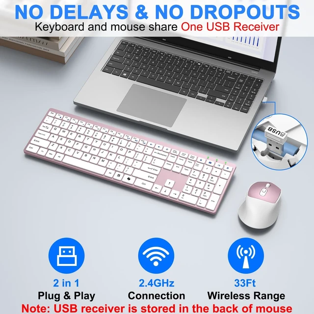 Alt view image 5 of 5 - Wireless Keyboard and Mouse Combo, Full Size Silent Ultra Thin Keyboard with Magnetic Wrist Rest, Optical Mouse, 2.4G Lag-Free Cordless Mice Keyboard Set for Computer, Mac, Laptop, PC, Windows