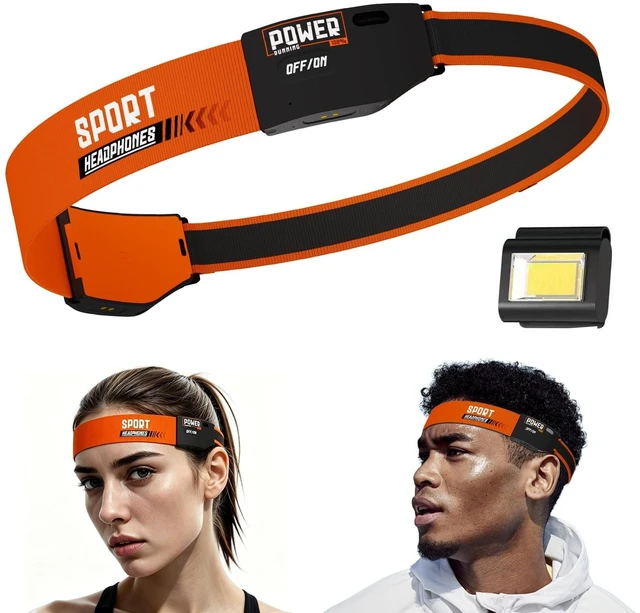 Main image of Headband Headphones & Open-Ear Headband with HD External Speakers, Bluetooth Sport Headphones for Running, Walking, Fitness, Breathable Sweat-Wicking Band with LED Headlamp, 12H Playtime, Orange
