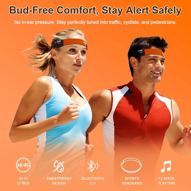 Alt view image 2 of 5 - Headband Headphones & Open-Ear Headband with HD External Speakers, Bluetooth Sport Headphones for Running, Walking, Fitness, Breathable Sweat-Wicking Band with LED Headlamp, 12H Playtime, Orange