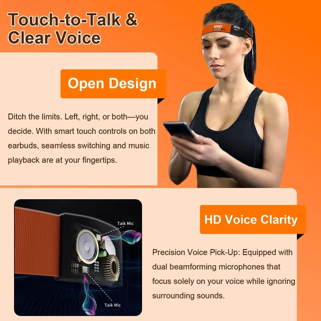 Alt view image 4 of 5 - Headband Headphones & Open-Ear Headband with HD External Speakers, Bluetooth Sport Headphones for Running, Walking, Fitness, Breathable Sweat-Wicking Band with LED Headlamp, 12H Playtime, Orange