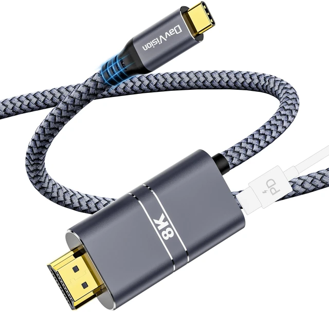 Main image of DavVision USB C to HDMI Cable with 240W PD Fast Charging, 8K@60HZ,4K@120Hz,Thunderbolt 5/4/3 Compatible,Upgraded Braided 2-in-1 Type C to HDMI for MacBook, iPhone17/16/15,iPad,HDTV(6.6FT,Grey)