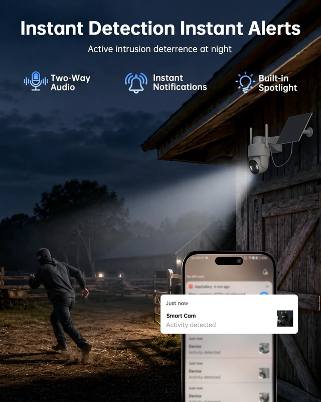 Alt view image 5 of 5 - Tical Cellular Security Camera Outdoor, No WiFi Needed, 4G LTE Camera with SIM Card, 2.5K/4MP Color Night Vision, PTZ View PIR Human Detection, Solar Powered, Farm Ranch Construction Site
