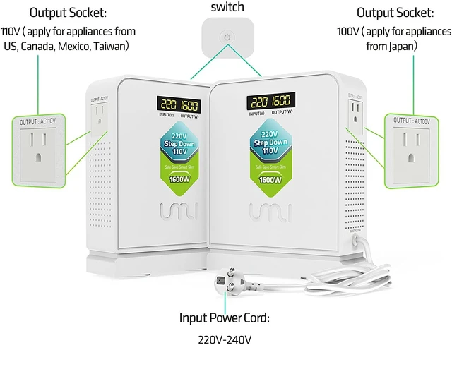 Alt view image 3 of 5 - UMI Step Down Transformer 220v to 110v 1600W Use Europe Appliances in US
