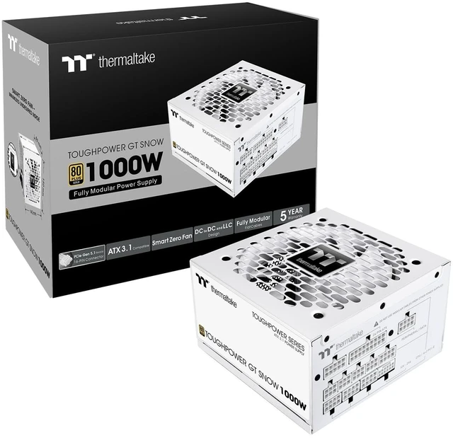 Main image of Thermaltake Toughpower GT 1000W; ATX 3.1; Native PCIe 5.1 12V-2x6; Full Modular; Flat Cables; Color Matched Connectors; Japanese Main Capacitors; 80 Plus Gold; 140mm; Snow; PS-TPT-1000FNFAGU