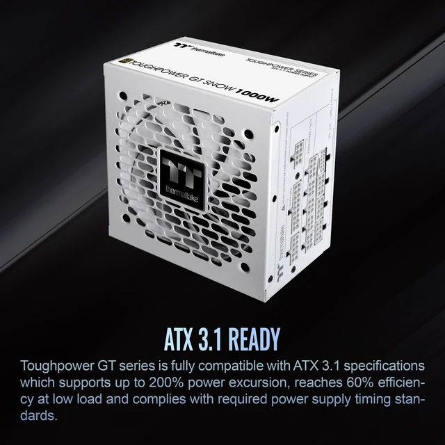 Alt view image 3 of 5 - Thermaltake Toughpower GT 1000W; ATX 3.1; Native PCIe 5.1 12V-2x6; Full Modular; Flat Cables; Color Matched Connectors; Japanese Main Capacitors; 80 Plus Gold; 140mm; Snow; PS-TPT-1000FNFAGU