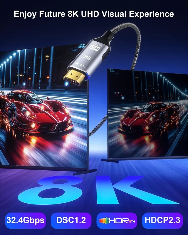 Alt view image 2 of 5 - 8K DisplayPort to HDMI 2.1 Cable 10FT - 8K@60Hz 4K@240Hz, Dynamic HDR