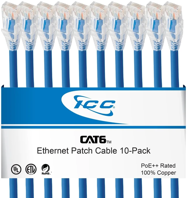 Main image of ICC CAT6 Ethernet Patch Cord with Clear Boot Strain Relief, RJ45, Stranded, 550 MHz, UTP, Pure Bare Copper Wire, 24 AWG, LAN Network Patch Cable, Blue, 5 FT, 10-Pack