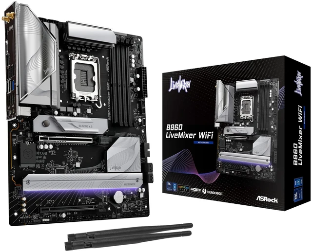 Main image of ASRock B860 Live Mixer WiFi 6E LGA1851 DDR5 ATX Motherboard Intel Core Ultra Series 2 12+1+1+1+1 Power Phase PCIe 5.0 x16 Thunderbolt 4 Wi-Fi 6E DDR5 8666+ (OC) 3x M.2 (Gen5/4) 2.5G LAN BIOS Flash