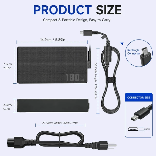 Alt view image 3 of 5 - LIFKAHY 180W Laptop Charger Compatible with ASUS ROG Zephyrus G14 2024 GA403UI GA403UV, TUF Gaming A14 FA401WV, ProArt PX13 HN7306WV, 20V 9A Rectangle Conn Power Supply Adapter Cord
