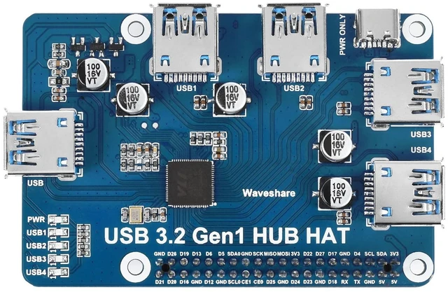 Main image of Waveshare USB 3.2 Gen1 HUB HAT, Compatible with Raspberry Pi 5/4B/3B/Zero/Zero W/Zero 2W/Pico/Pico W/Pico WH, 4X USB 3.2 Gen1 Ports, No Driver Required