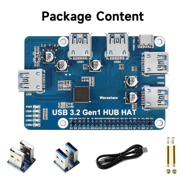Alt view image 2 of 5 - Waveshare USB 3.2 Gen1 HUB HAT, Compatible with Raspberry Pi 5/4B/3B/Zero/Zero W/Zero 2W/Pico/Pico W/Pico WH, 4X USB 3.2 Gen1 Ports, No Driver Required