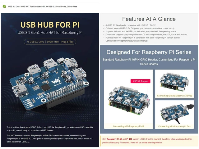 Alt view image 4 of 5 - Waveshare USB 3.2 Gen1 HUB HAT, Compatible with Raspberry Pi 5/4B/3B/Zero/Zero W/Zero 2W/Pico/Pico W/Pico WH, 4X USB 3.2 Gen1 Ports, No Driver Required