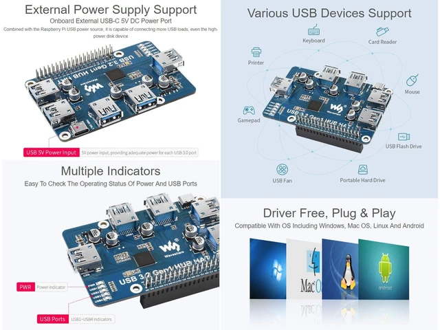 Alt view image 5 of 5 - Waveshare USB 3.2 Gen1 HUB HAT, Compatible with Raspberry Pi 5/4B/3B/Zero/Zero W/Zero 2W/Pico/Pico W/Pico WH, 4X USB 3.2 Gen1 Ports, No Driver Required