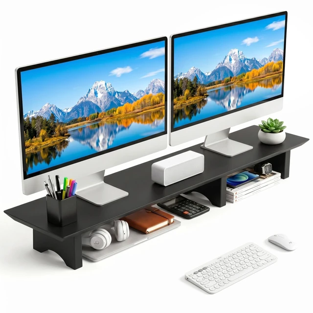Main image of Aothia 43 in Black Solid Wood Dual Monitor Stand, Monitor Riser for Desk