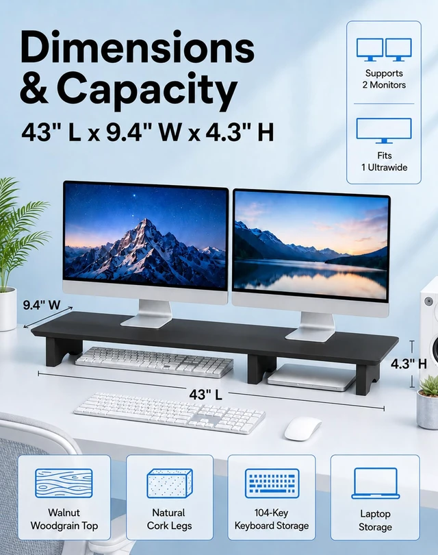 Alt view image 2 of 5 - Aothia 43 in Black Solid Wood Dual Monitor Stand, Monitor Riser for Desk