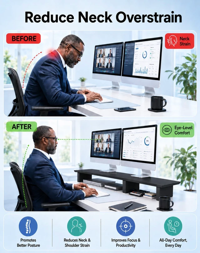 Alt view image 3 of 5 - Aothia 43 in Black Solid Wood Dual Monitor Stand, Monitor Riser for Desk