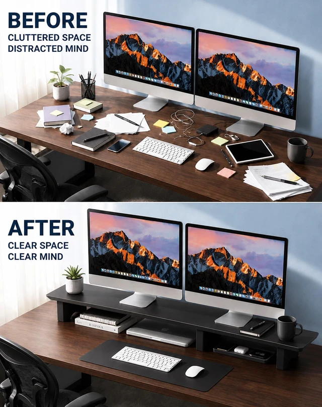 Alt view image 4 of 5 - Aothia 43 in Black Solid Wood Dual Monitor Stand, Monitor Riser for Desk