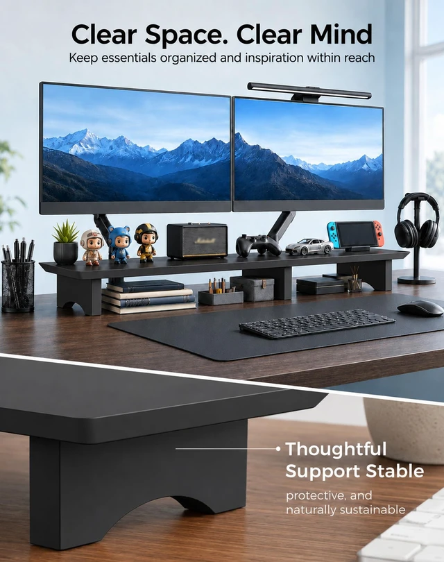 Alt view image 5 of 5 - Aothia 43 in Black Solid Wood Dual Monitor Stand, Monitor Riser for Desk