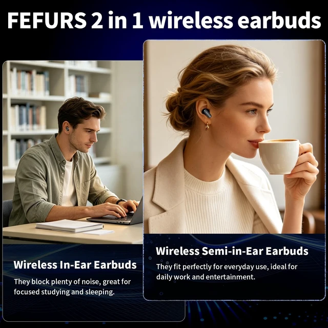 Alt view image 2 of 5 - FEFURS 2in1 Wireless Earbuds, Bluetooth 6.0, Small Noise Canceling Ear Buds with in Ear Design, Light Weight Semi in Ear Earbuds for Travel/Work/Relax