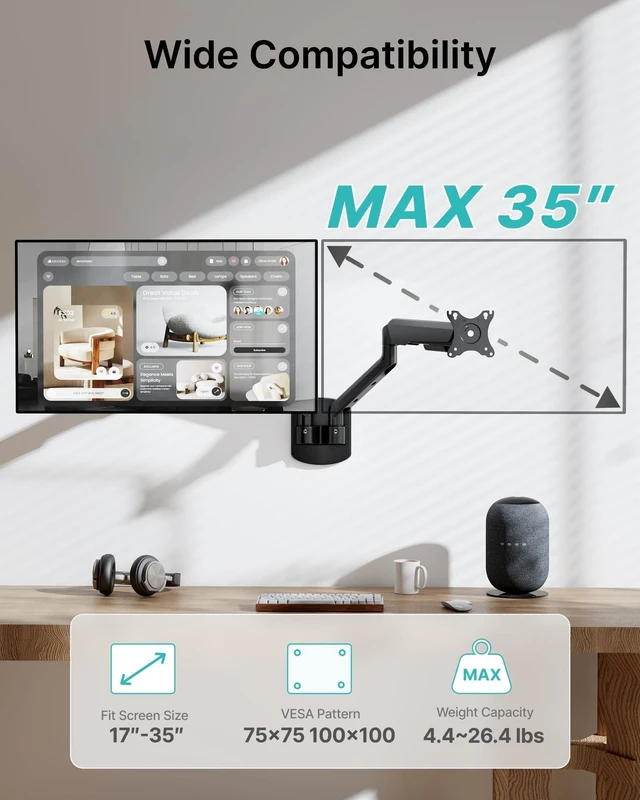 Alt view image 2 of 5 - PEGZONE Dual Monitor Wall Arm 17"-35" Ultrawide 26.4Lbs VESA Black