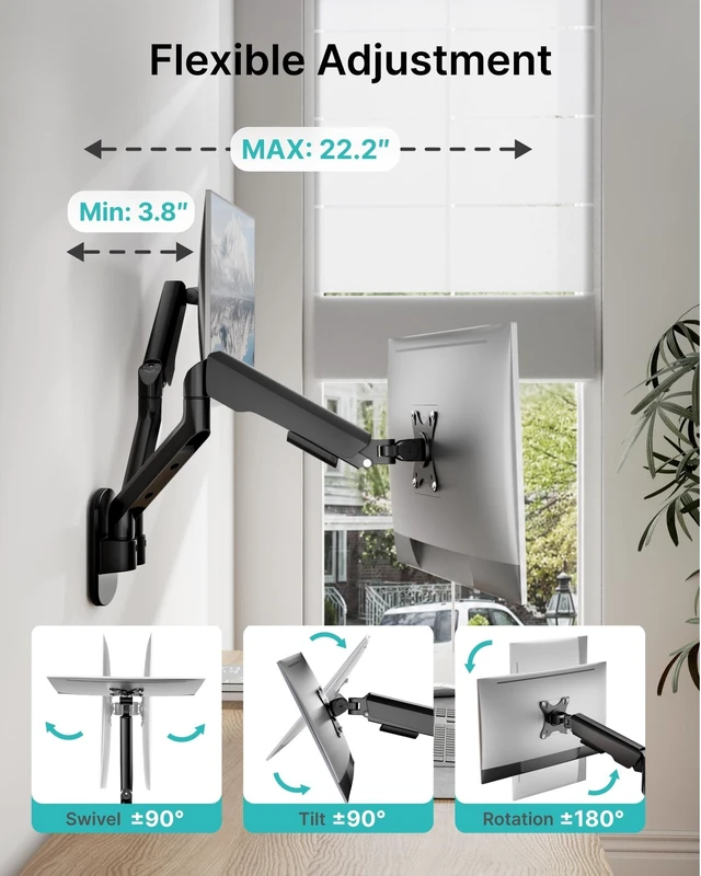 Alt view image 3 of 5 - PEGZONE Dual Monitor Wall Arm 17"-35" Ultrawide 26.4Lbs VESA Black